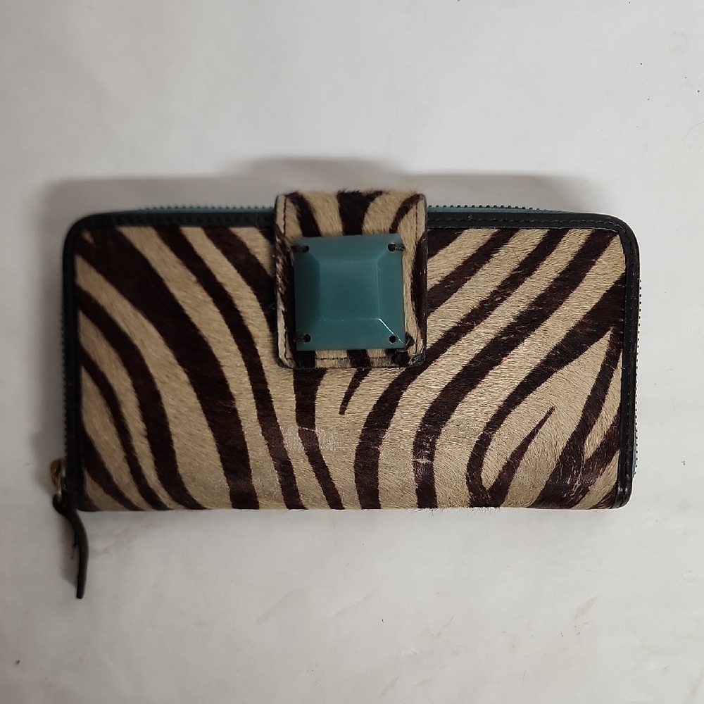 Boden Rare Vintage 100% Hair & Cowhide Leather Zebra Unisex Wallet Teal Accents